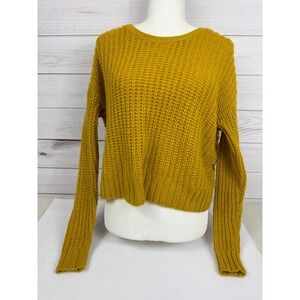 Ruby Moon Mustard Yellow Waffle Knit Twist‎ Open Back Crop Sweater XS